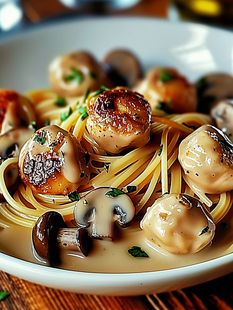 Spaghetti aux Poulet et Sauce Crémeuse aux Champignons