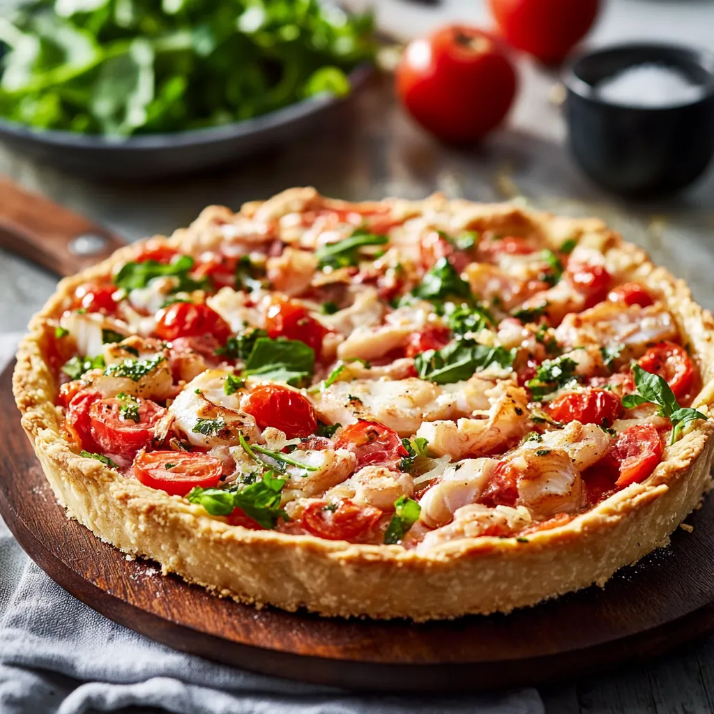 Une pizza maison est servie sur une plaque de bois.