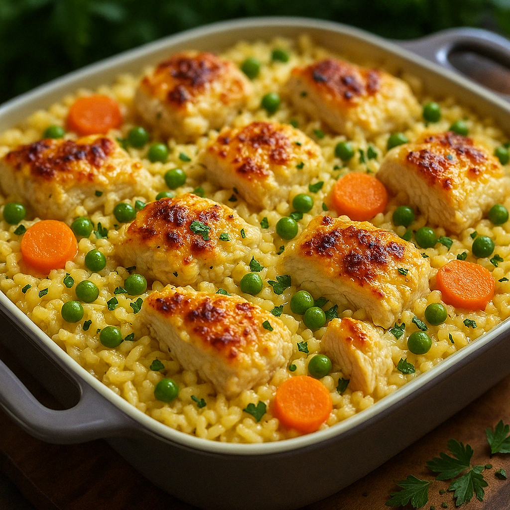 Une casserole de poulet et de légumes, avec des carottes, des pois et des pommes de terre.
