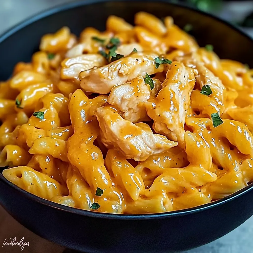Un bol appétissant de pâtes au poulet.