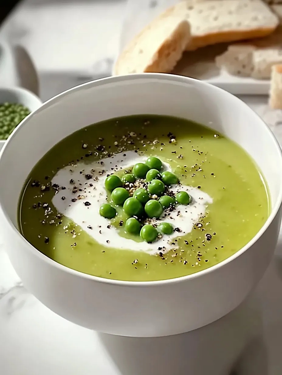 Un potage vert garni de petits pois et d'un filet de crème.