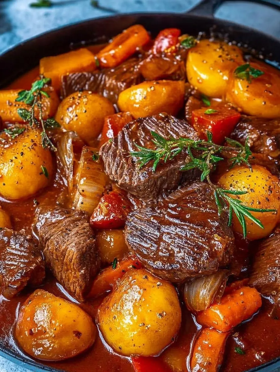 Un plat de bœuf cuit lentement avec des légumes dans un bouillon parfumé.