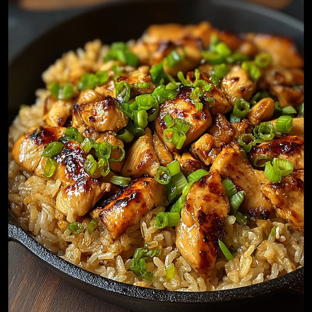 Assiette de riz accompagné de poulet grillé et de lamelles de poivrons.