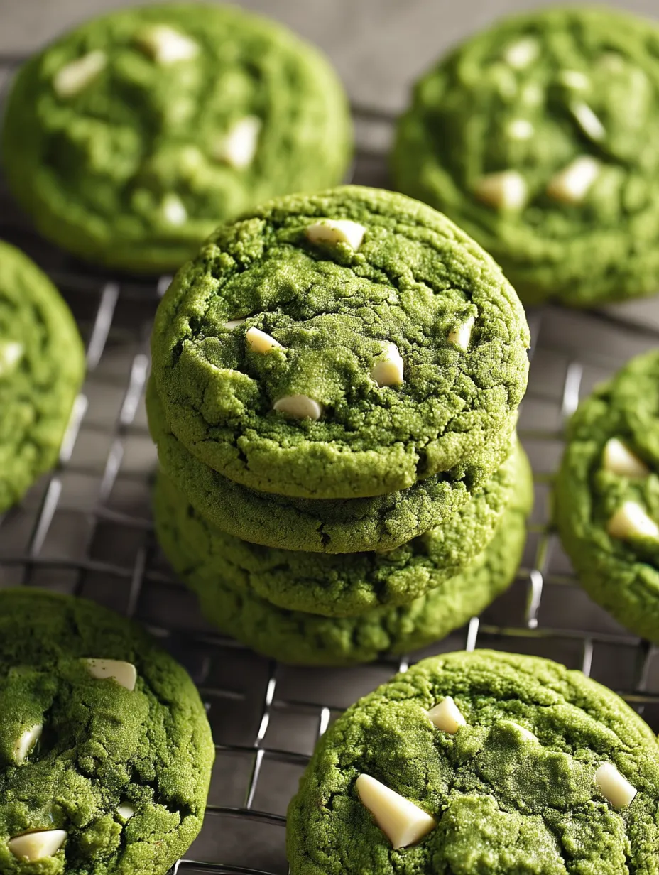 Pile de cookies verts avec morceaux de chocolat blanc visibles en surface.