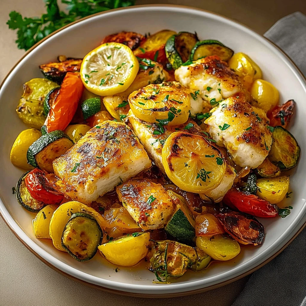 Une assiette de morue et légumes au four.