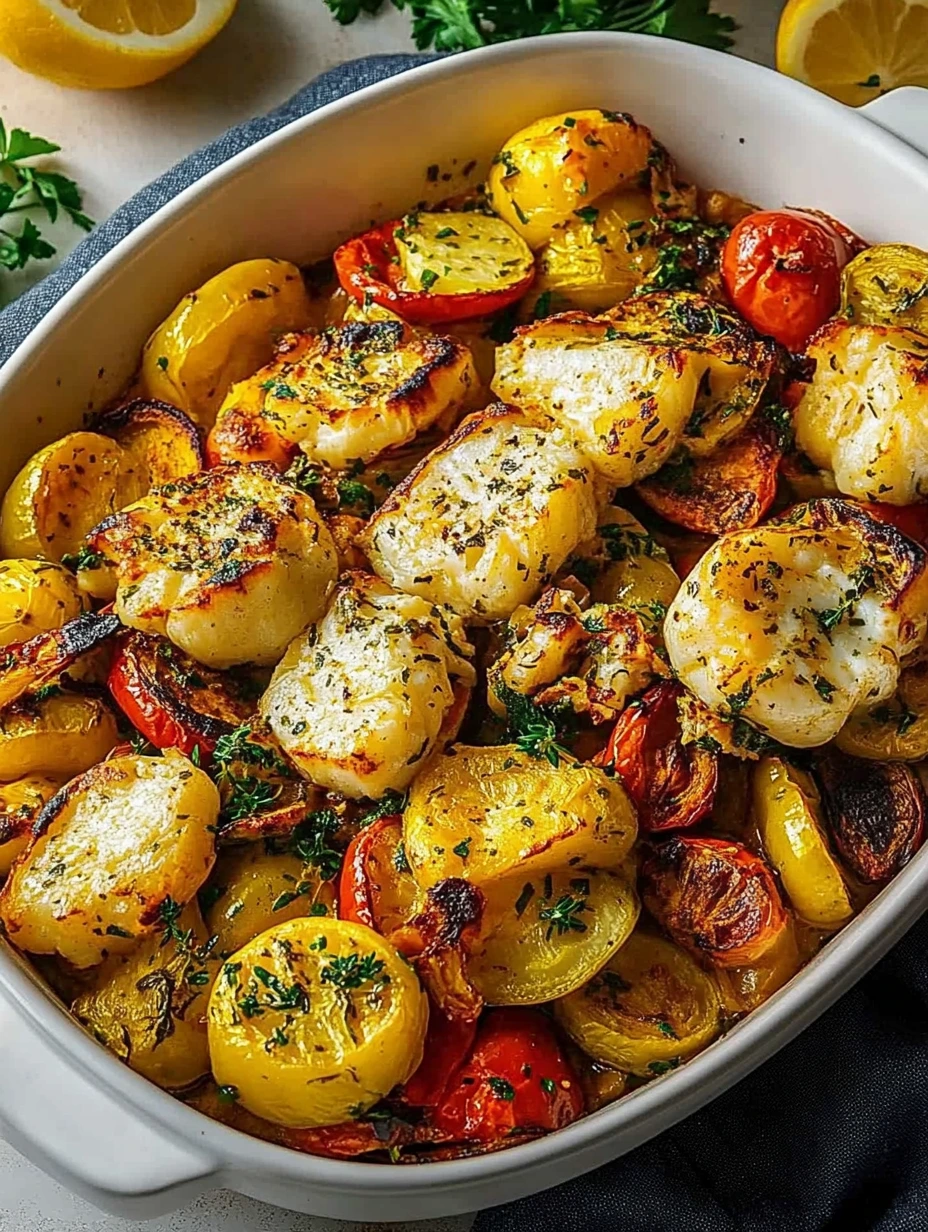 Une casserole de légumes et de cabillaud épicé, cuit au four.
