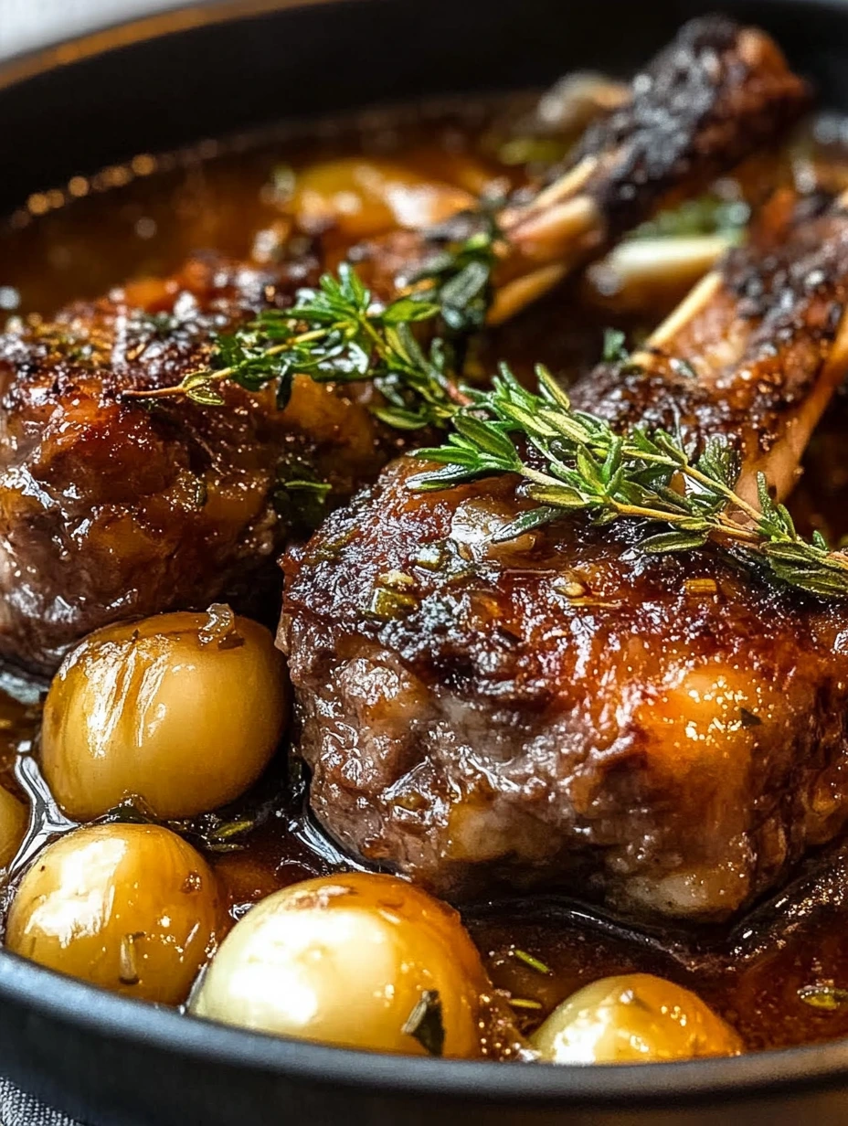 Des morceaux de viande d'agneau sont cuits dans une sauce miel et herbes.