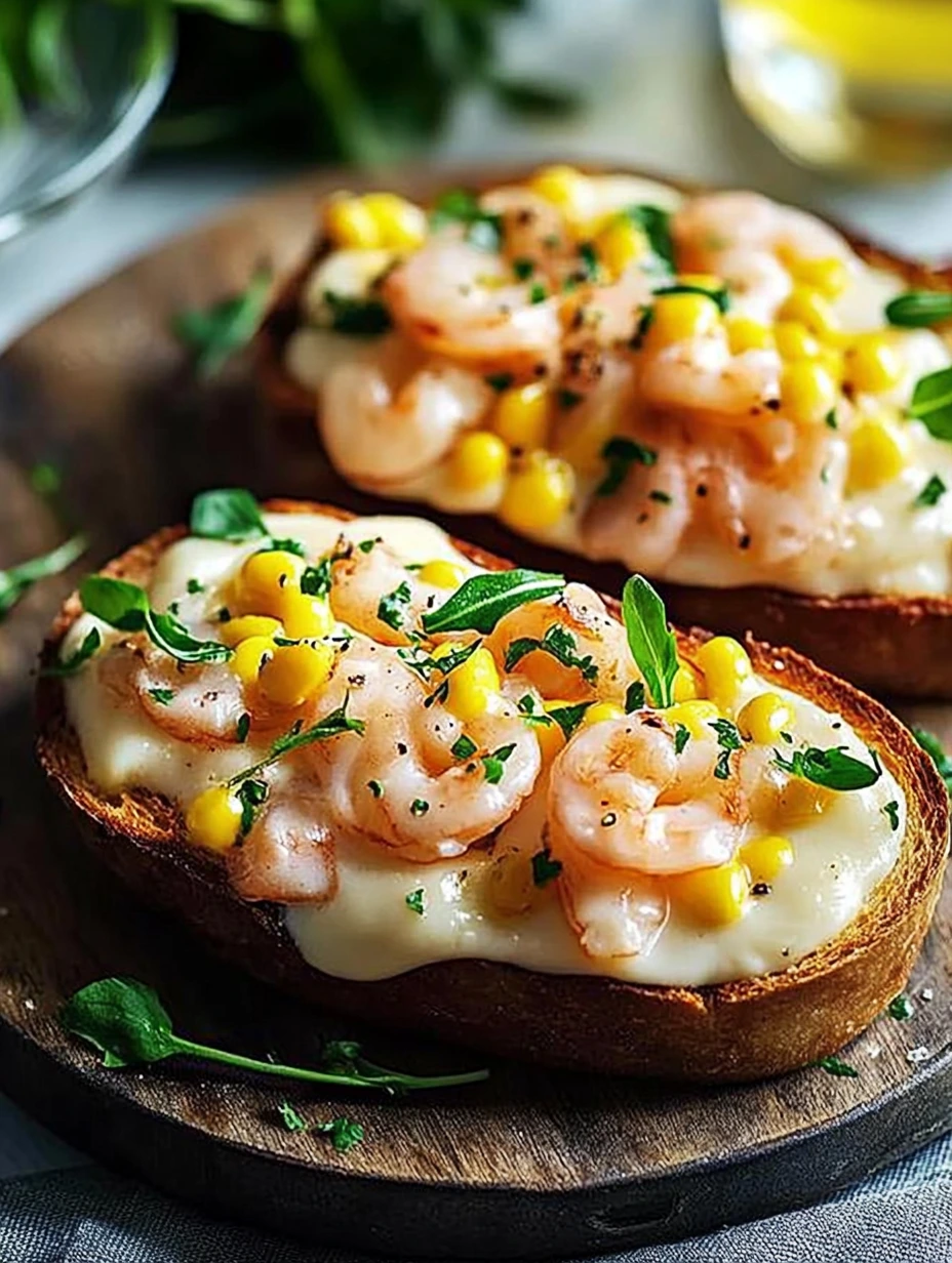 Croque-monsieur avec des crevettes et du béchamel.