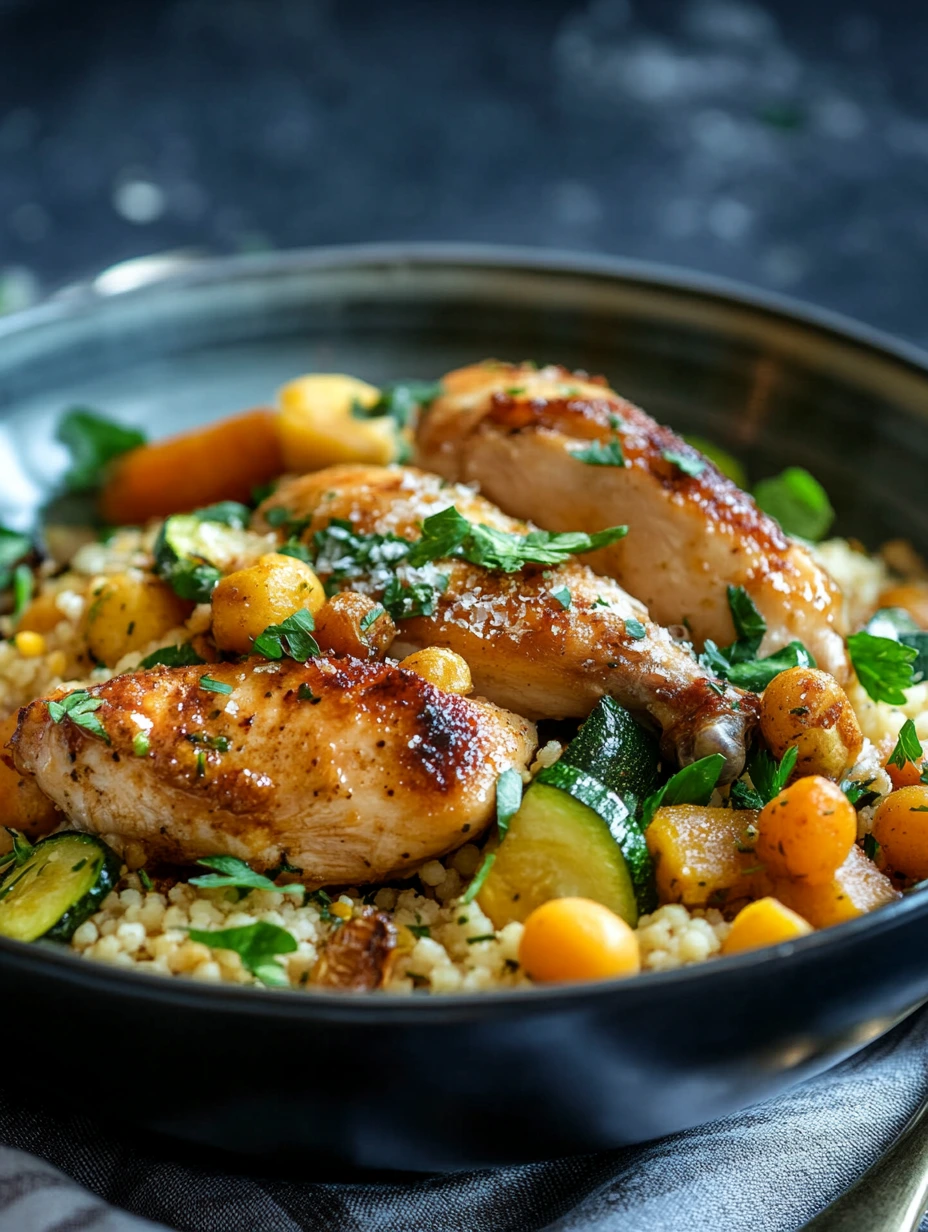 Une assiette de couscous avec du poulet rôti et des légumes.