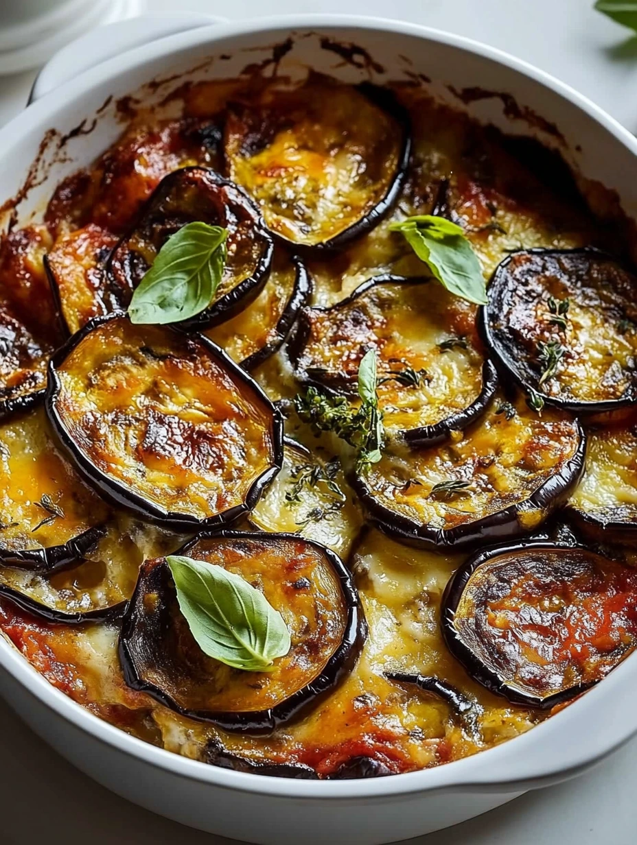 Gratin de légumes avec des aubergines, des courgettes et des herbes.