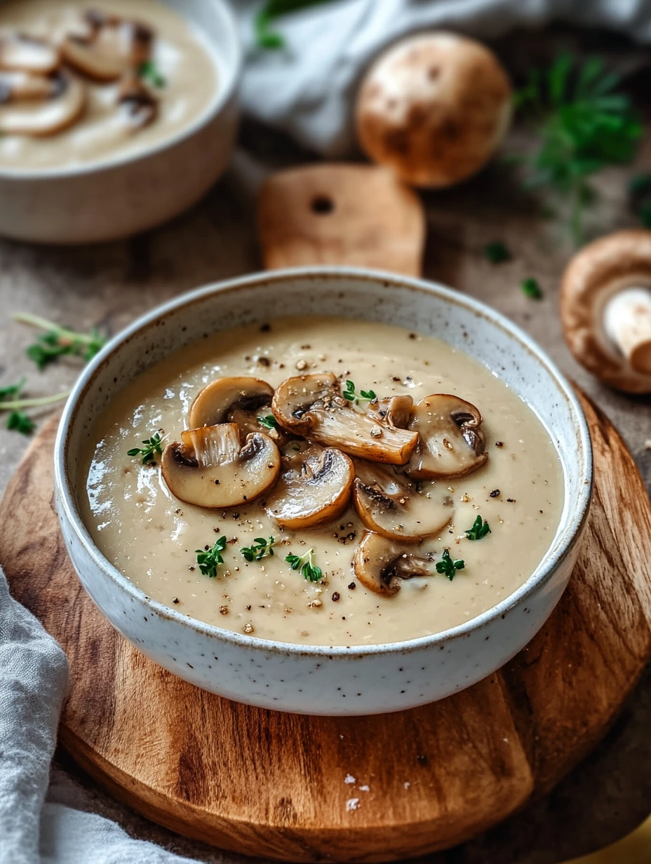 Une crème de champignons veloutée onctueuse dans un bol.