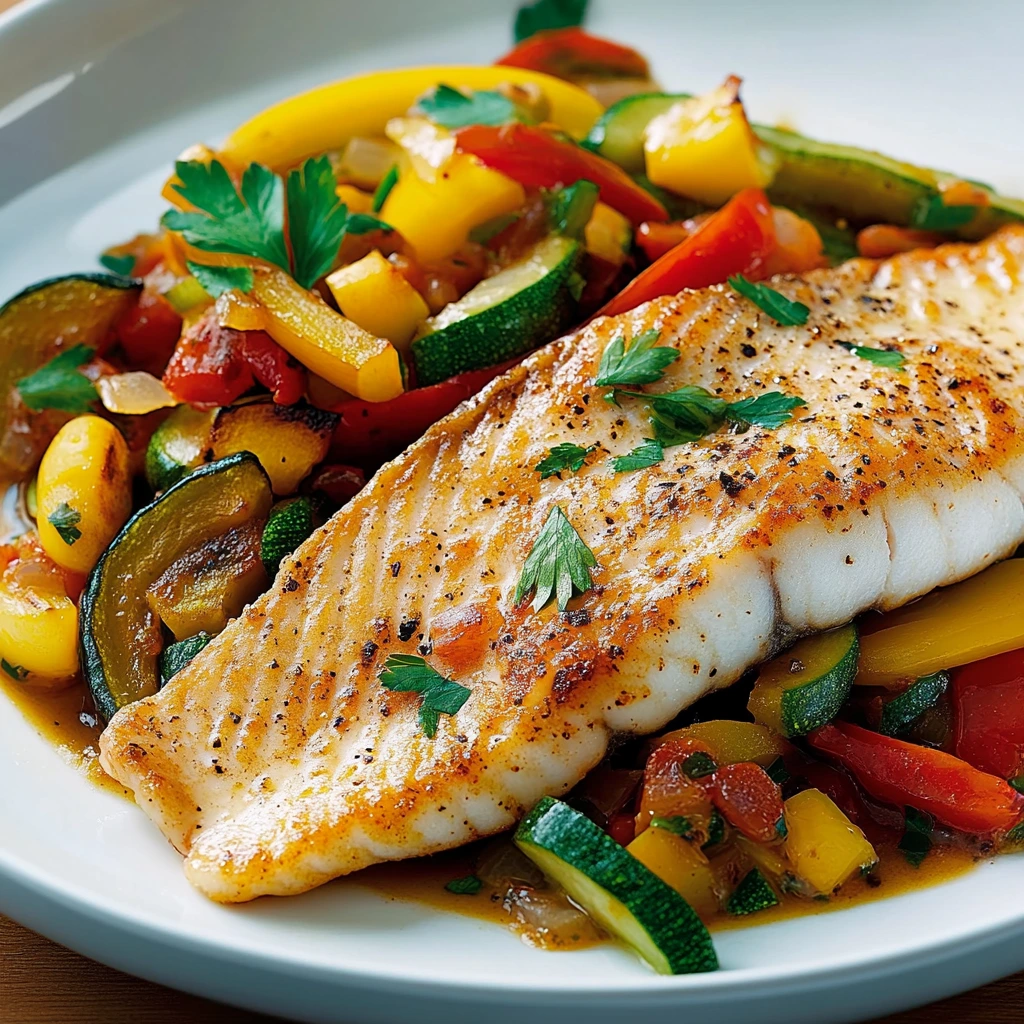 Une poisson grillé avec des légumes sautés.