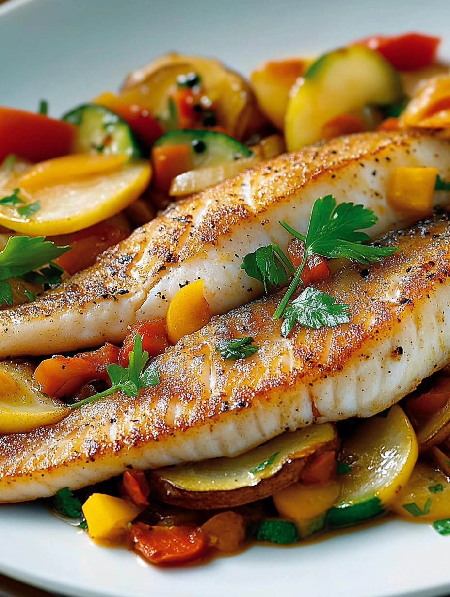 Une image de poisson grillé avec des légumes sautés.