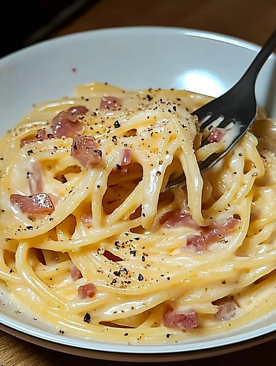 Une portion de spaghetti carbonara classique italienne, avec des bacon, des oeufs et des herbes.