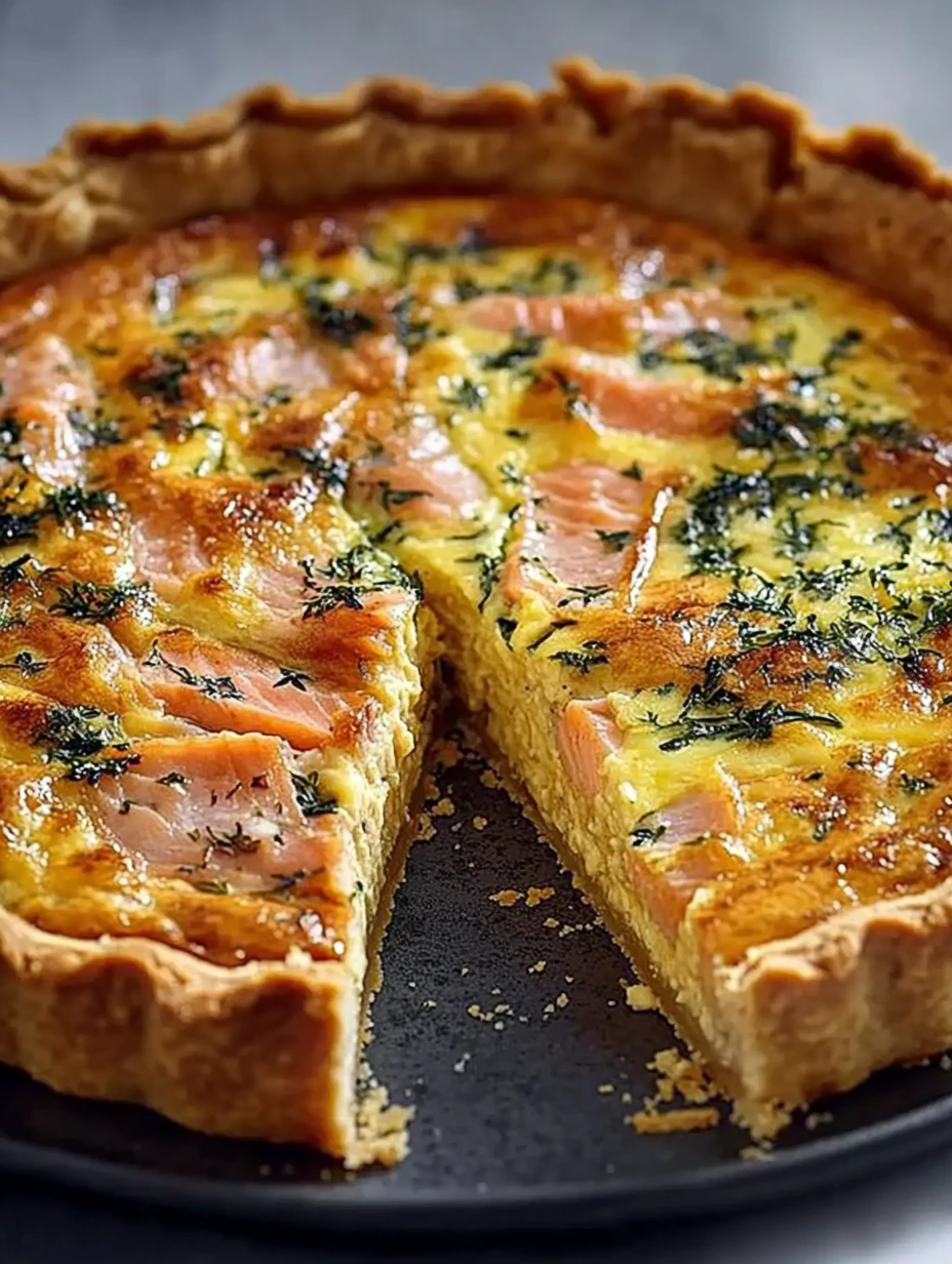 Une quiche au saumon Boursin est servie sur une plaque en céramique.