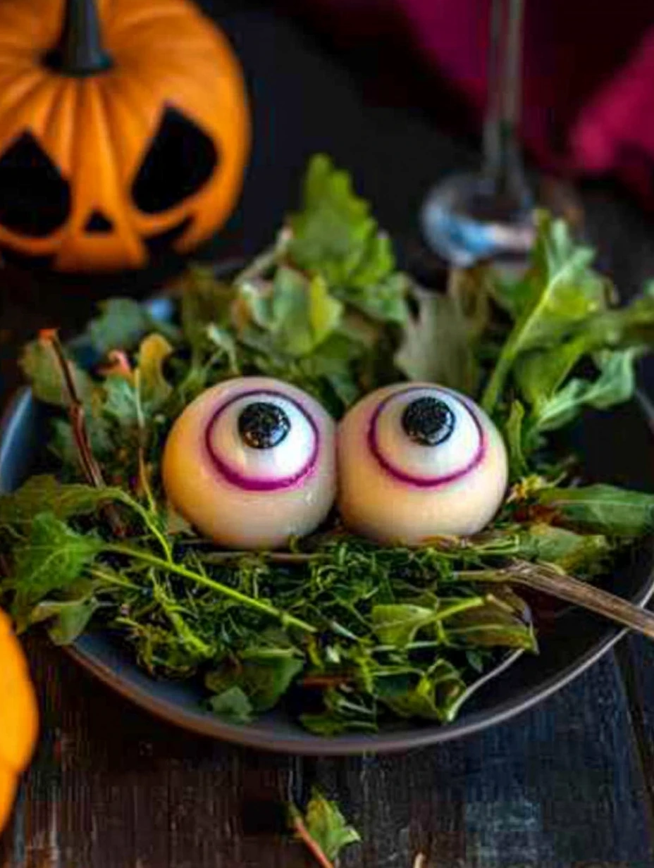 Des œufs Halloween à la betterave sur un plateau.