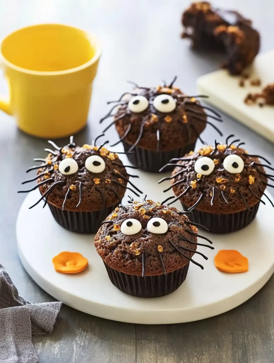 Des petits gâteaux aux yeux en bonbons et décoration en chocolat avec des pattes en réglisse alignés sur un plateau festif
