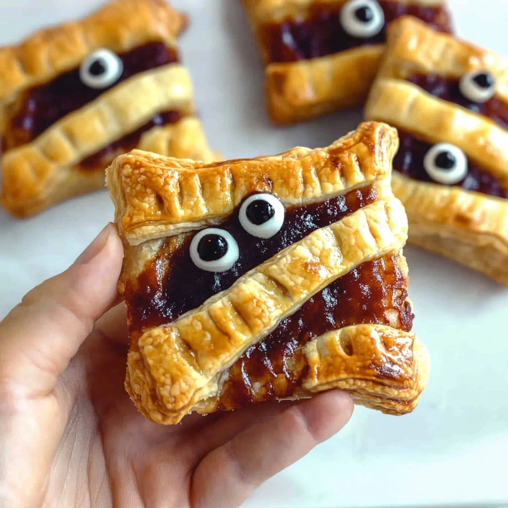 On voit une main qui tient une mini momie faite en pâte croustillante garnie de fruits rouges.