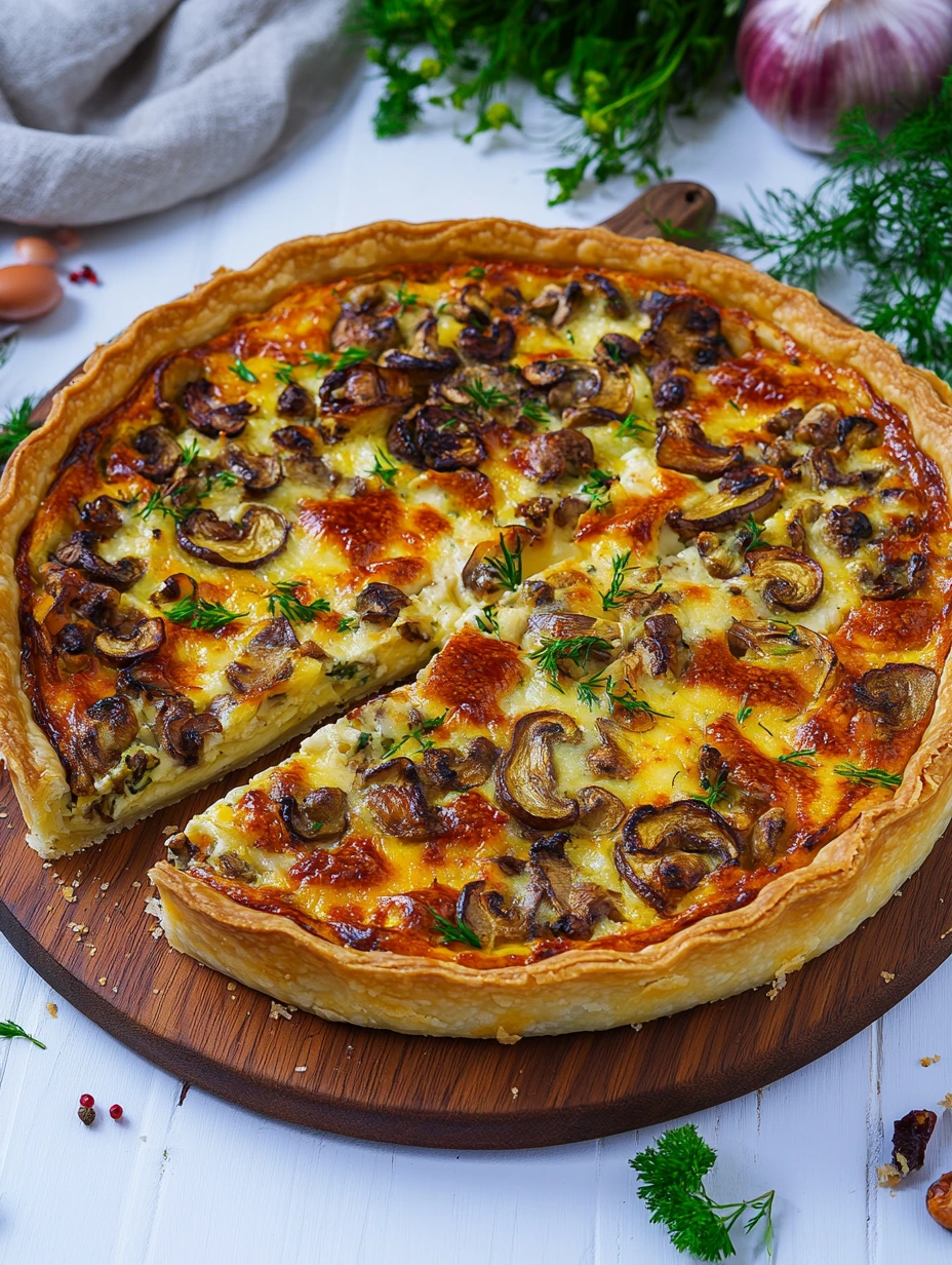 Une tarte salée au poulet et girolles avec une belle couche de fromage gratiné.