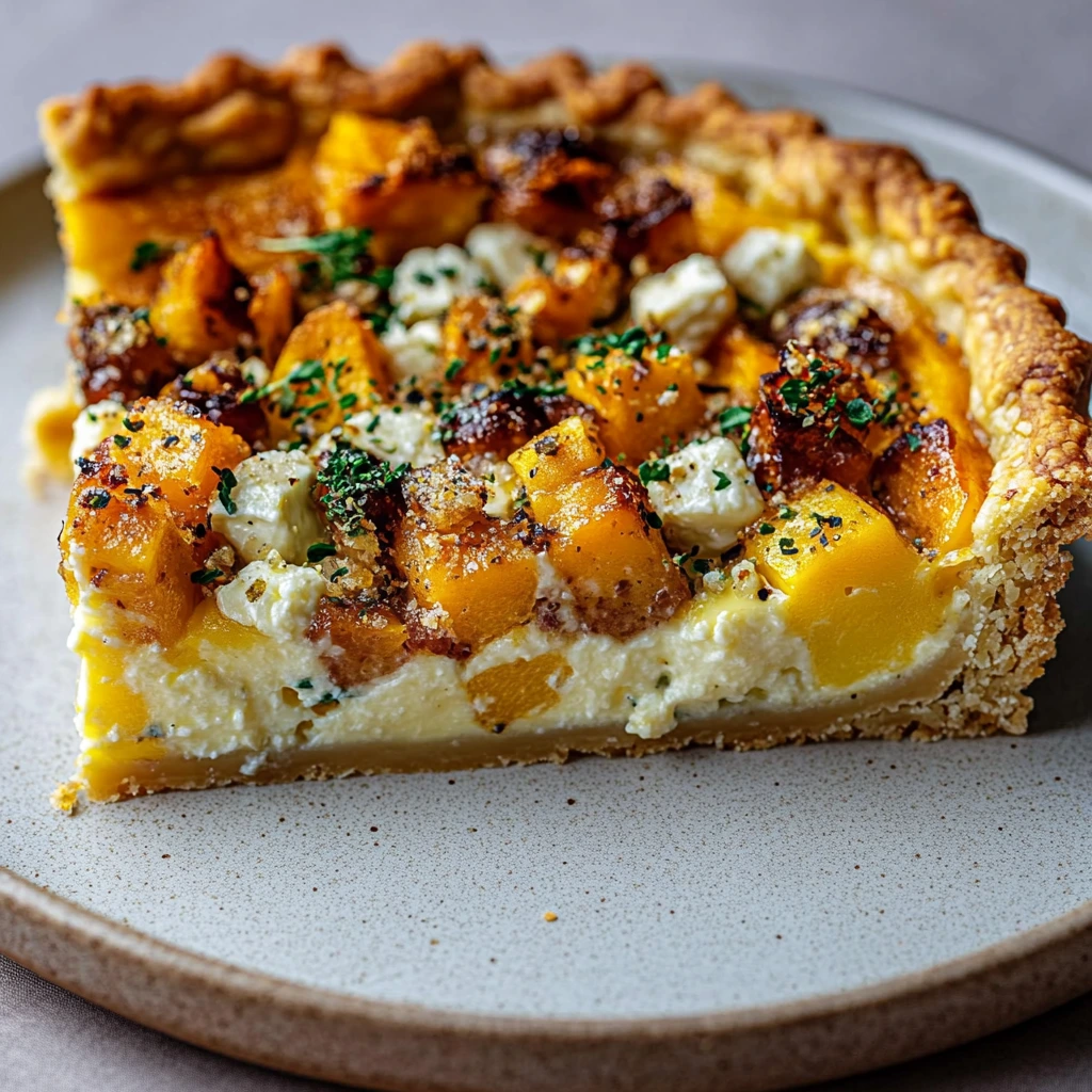 Quiche courge et chèvre bien dorée, posée sur un joli plateau.