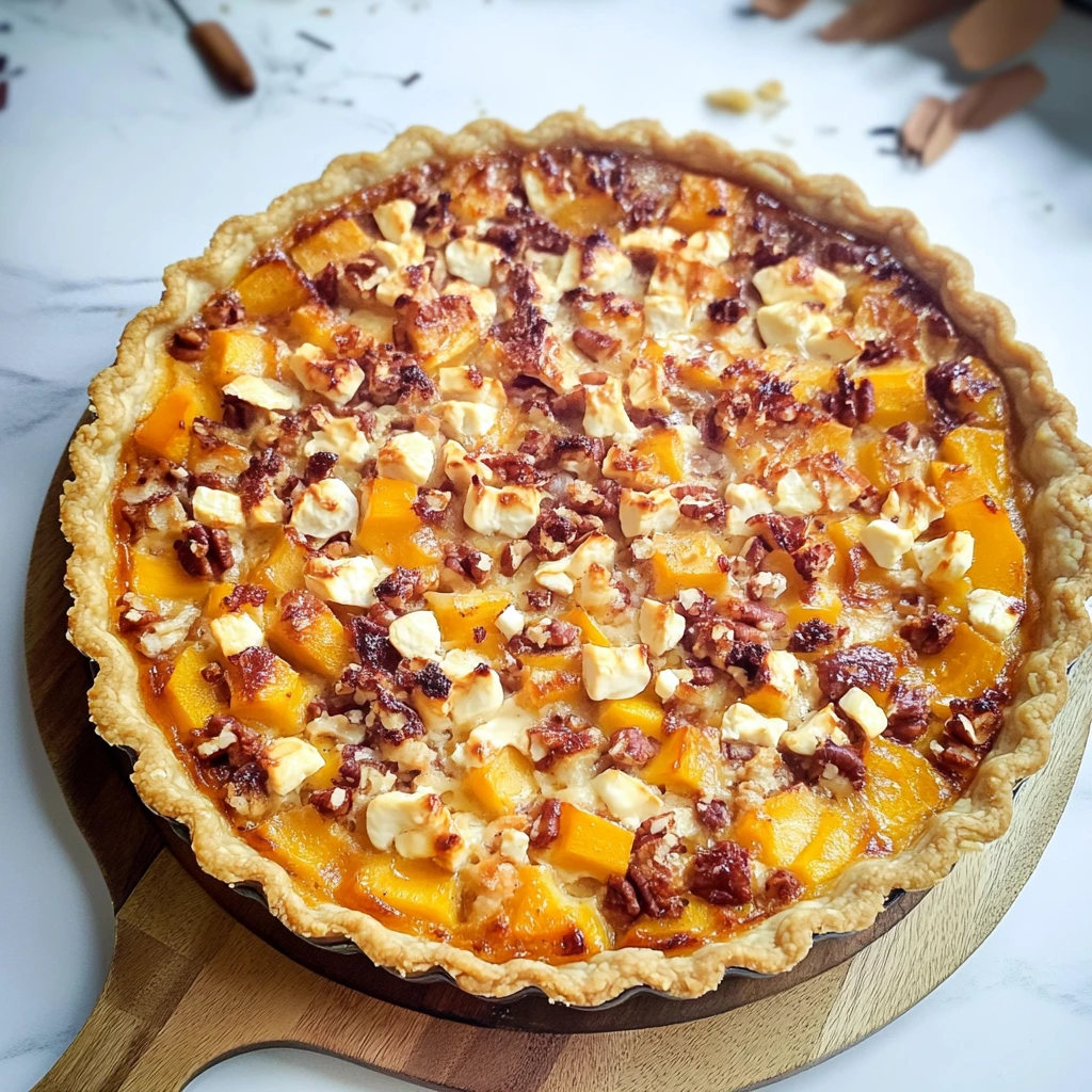 Une quiche courge et chèvre sur un plateau de bois.