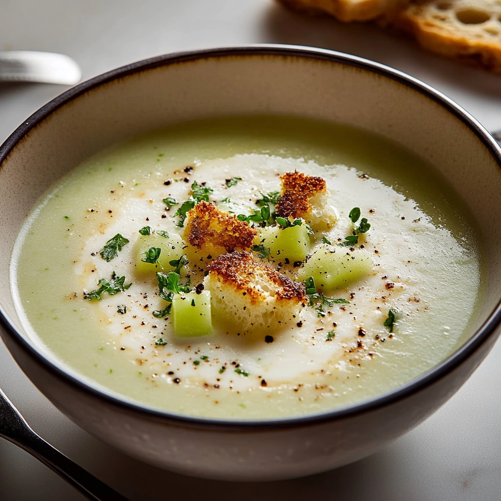 Bonne soupe crémeuse poireaux Boursin parsemmée d’herbes et de croûtons dorés.