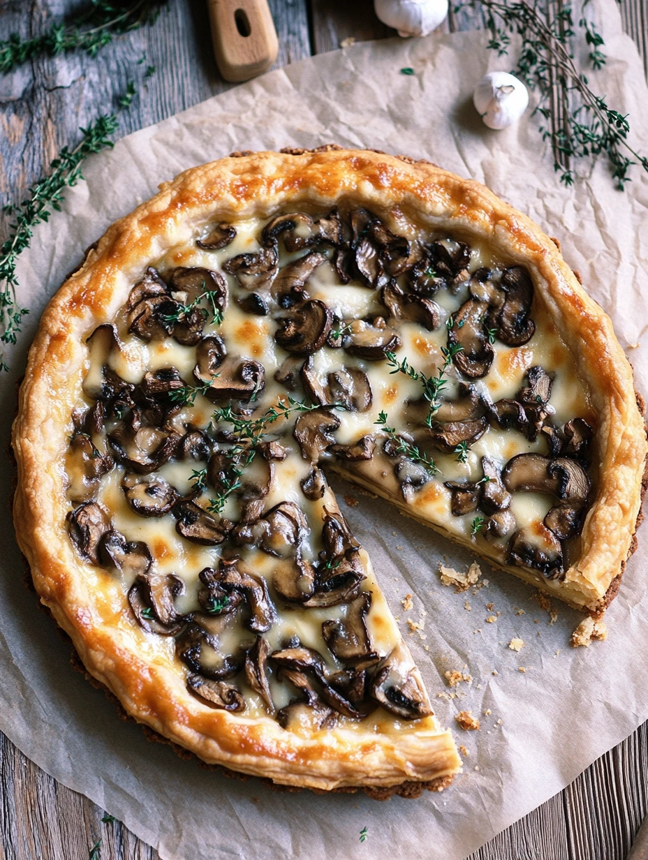 Une tarte rapide aux champignons déposée sur du papier c’est prêt à croquer.