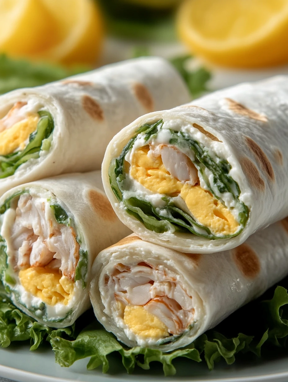 Wraps roulés avec thon, œufs, fromage et concombre sur une assiette.