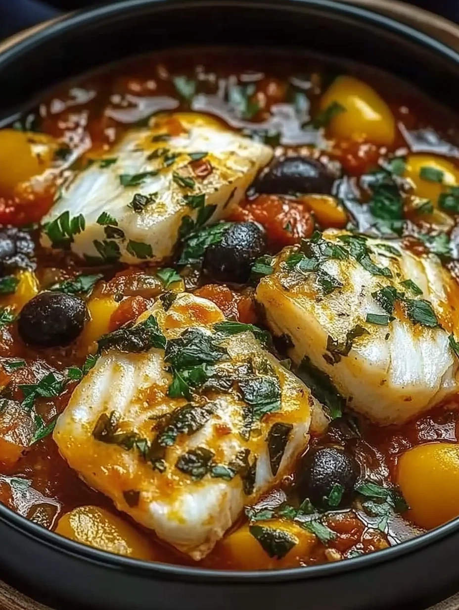 Une assiette généreuse de poisson et de légumes méditerranéens, parsemée d’herbes fraîches.