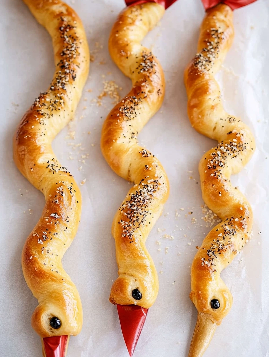 Des baguettes serpent Halloween alignées sur une plaque.