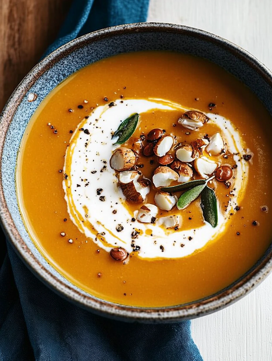 Dans un bol bleu, une soupe douce et crémeuse rassemble potimarron, lentilles, noisettes grillées et un peu de crème.