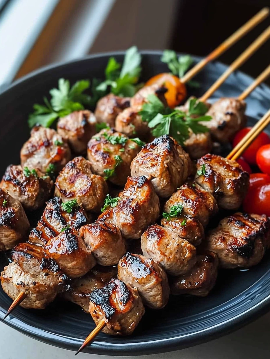 Brochettes marocaines d’agneau avec des herbes fraîches et quelques légumes.