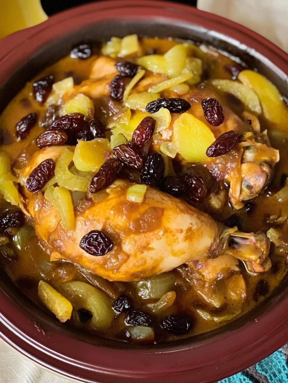 Un beau tajine de poulet avec oignons et raisins blonds.