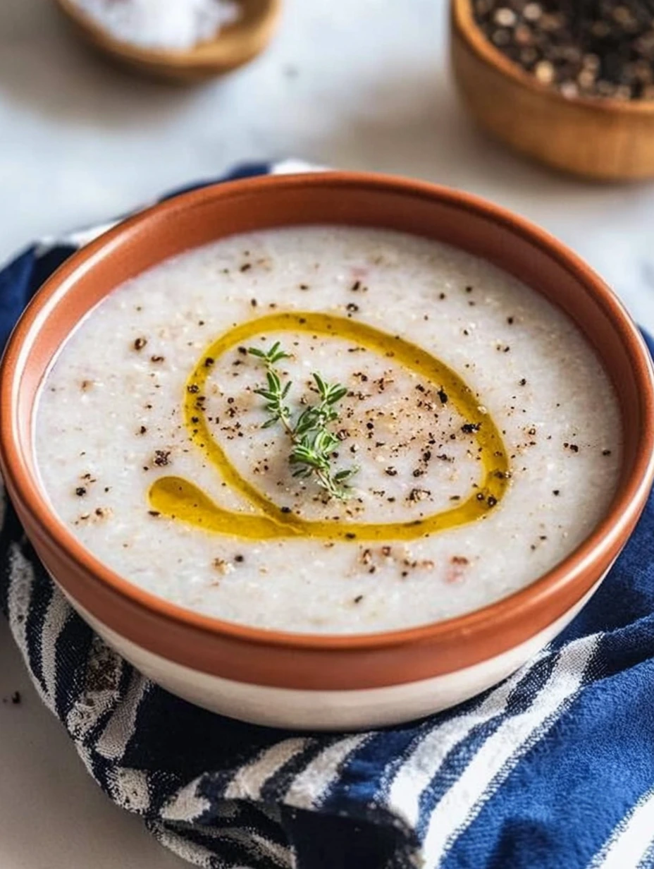 Bol de soupe marocaine à l’orge posé sur une table en terre.