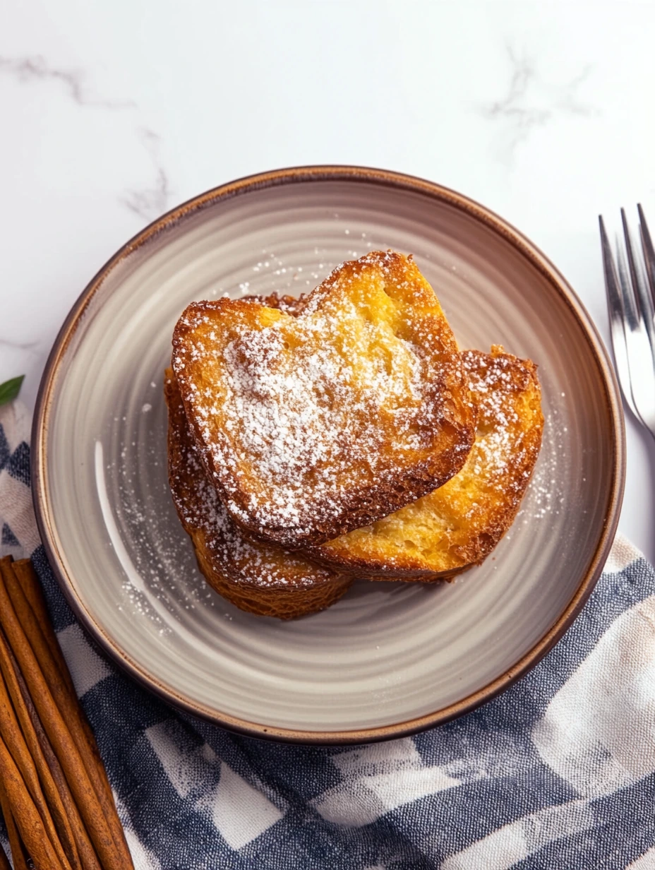 Une belle assiette garnie de tranches de brioche dorée à la poêle.