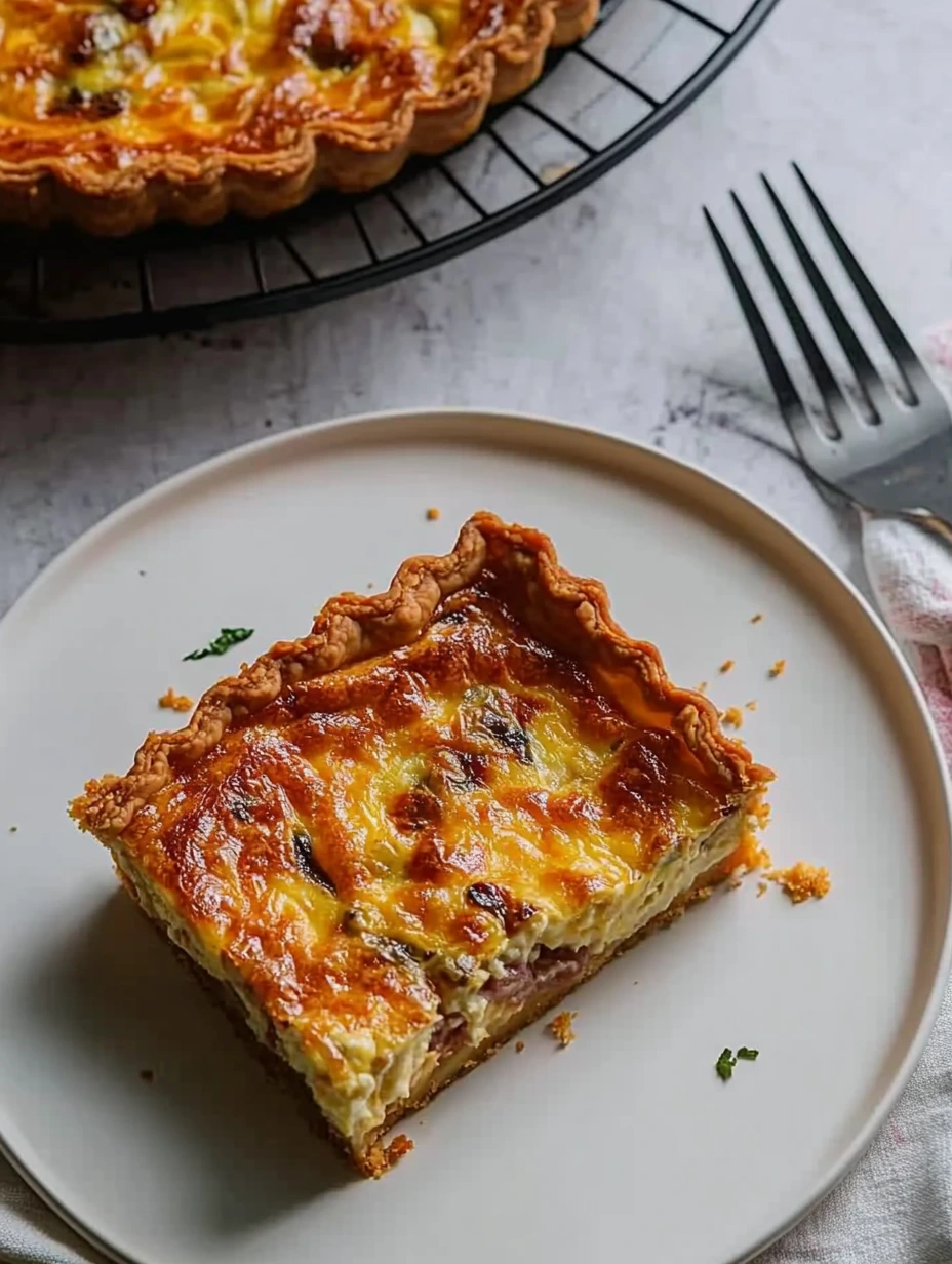Une tranche de quiche lorraine sur un plateau en bois.