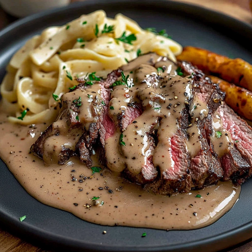 Tranches de bœuf tendre nappées de sauce au poivre sur l’assiette.