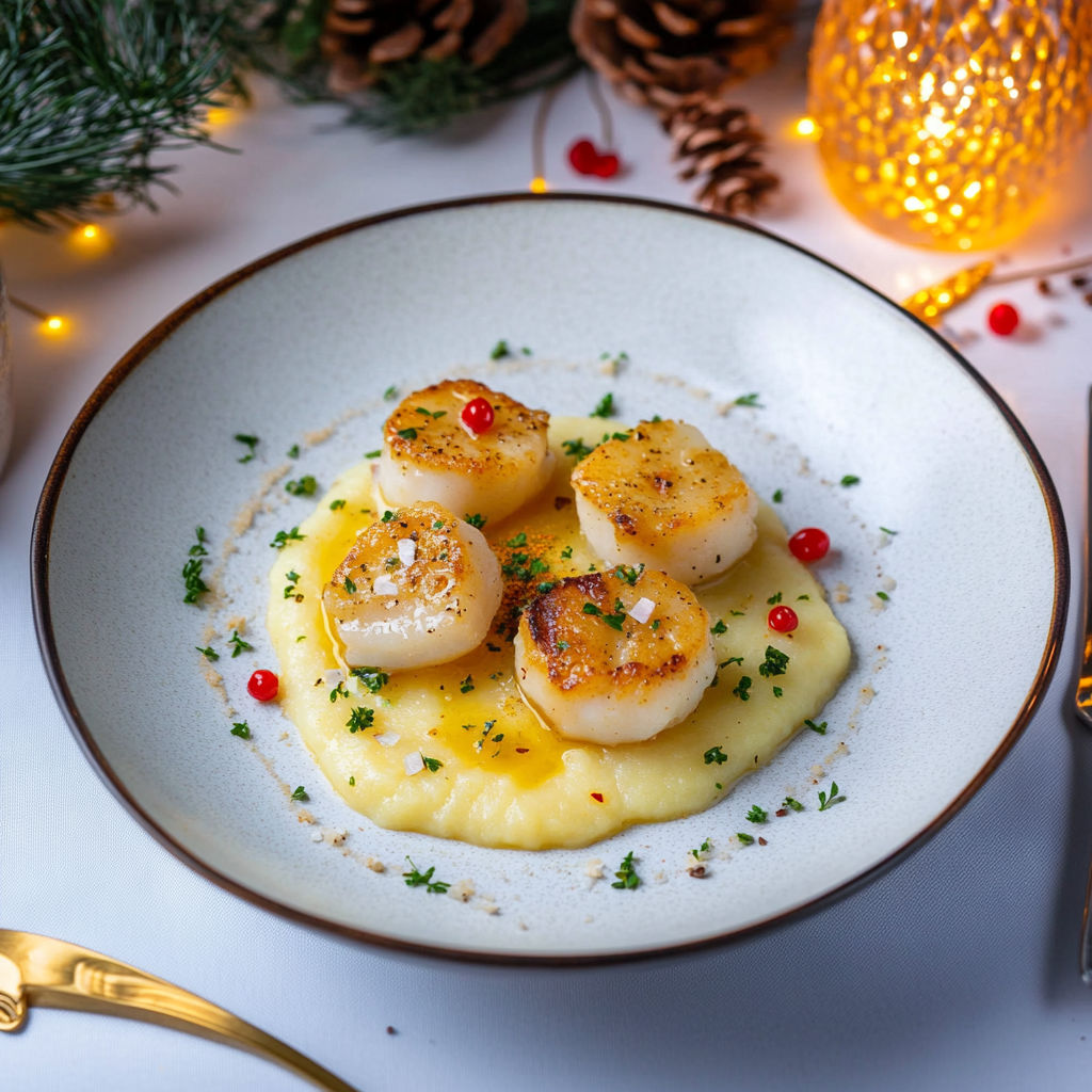 A plate of food with scallops and potatoes.