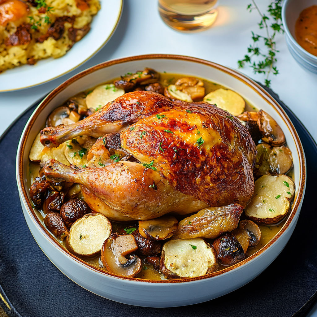 A cooked chicken with mushrooms and potatoes.