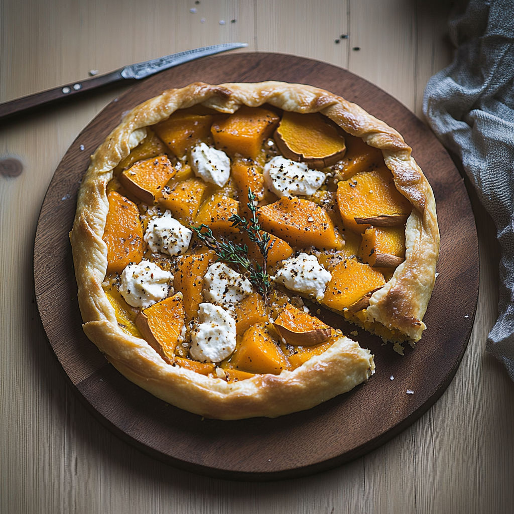 A slice of butternut squash pie with cheese on top.