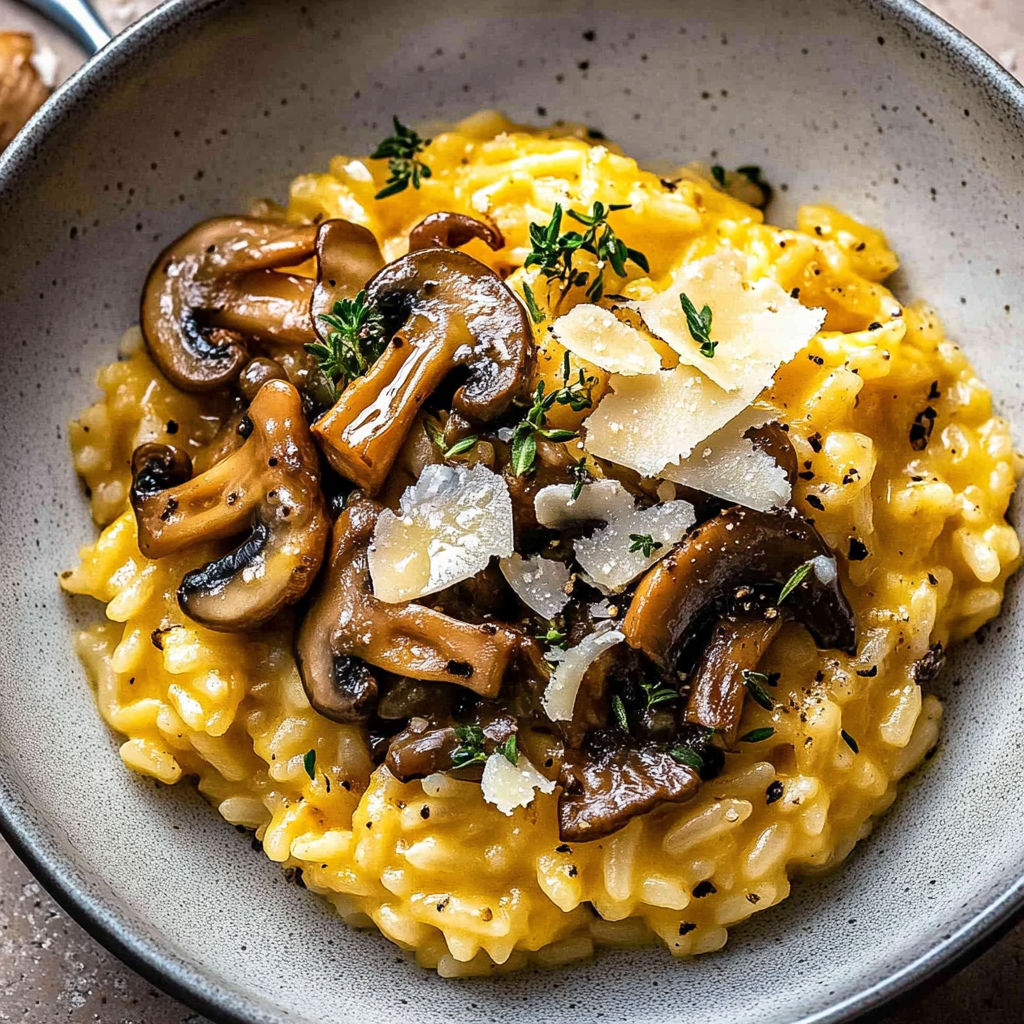 A bowl of mushroom risotto.