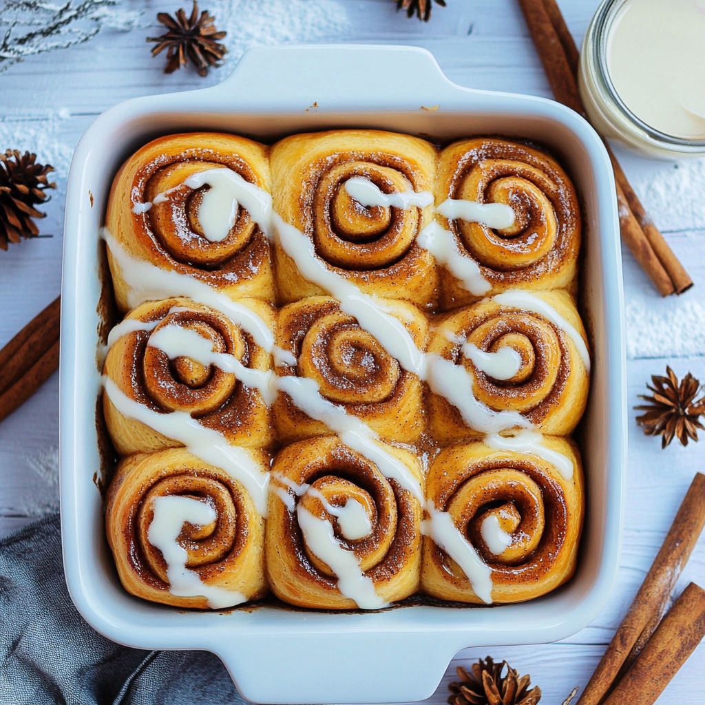 A plate of cinnamon rolls with white icing.