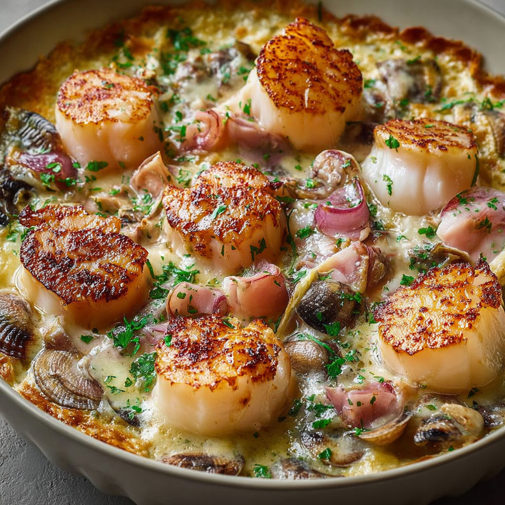 A dish of seafood with onions and herbs.