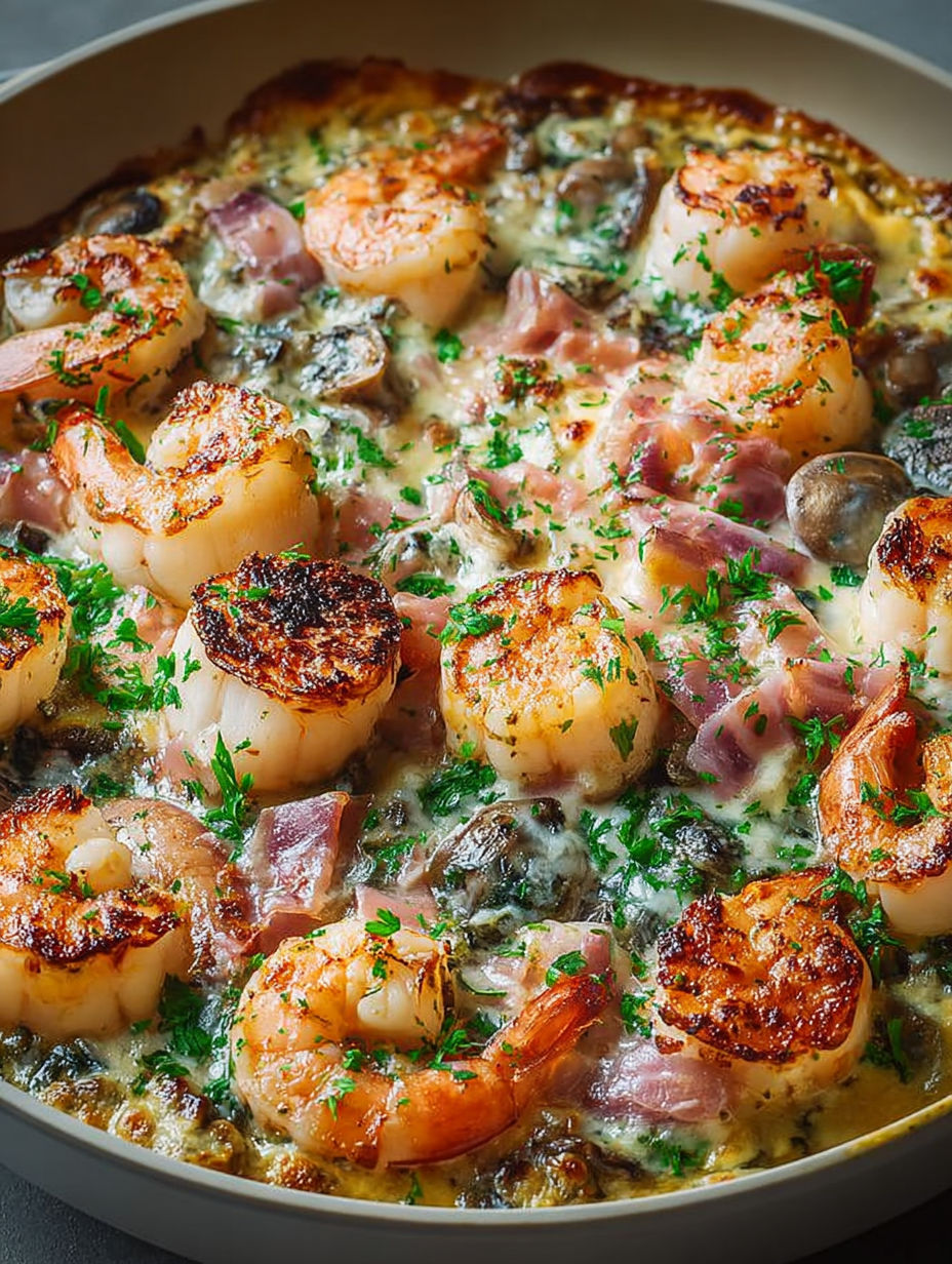 A pizza with shrimp and mushrooms on top.