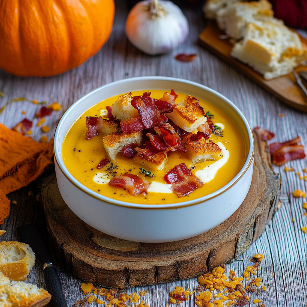 A bowl of soup with bacon and butternut squash.