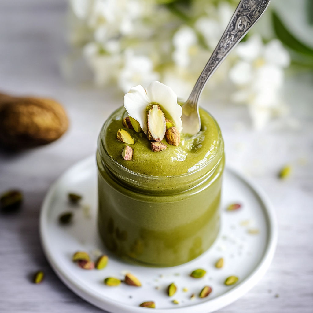 A jar of pistachio pate with a spoon in it.