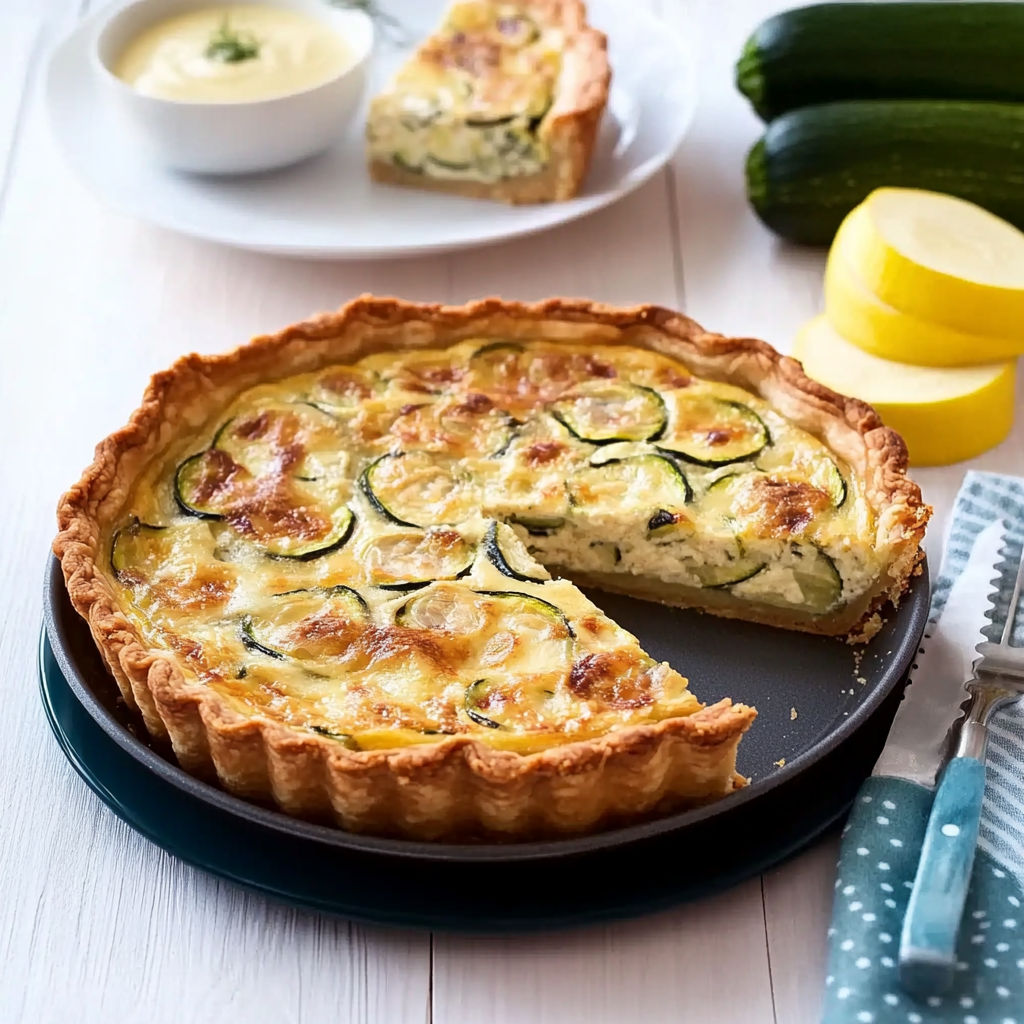 A slice of quiche with zucchini and tuna.
