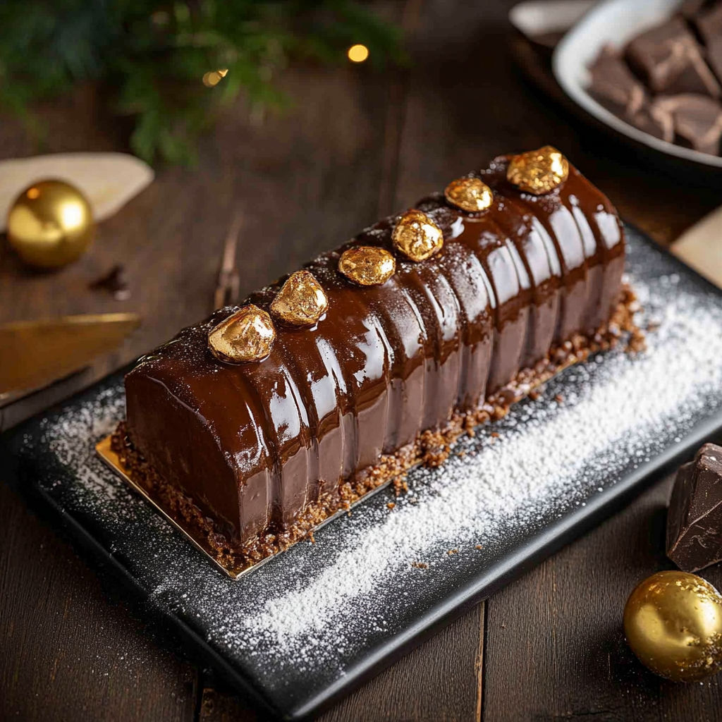 A chocolate cake with gold flakes on top.