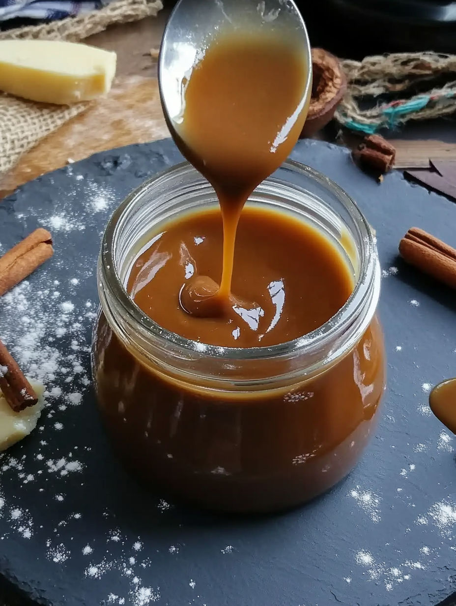 A jar of caramel sauce being poured.