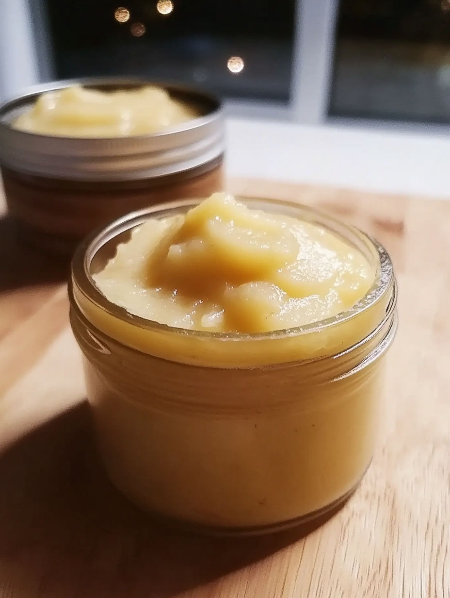 A jar of yellow sauce on a table.